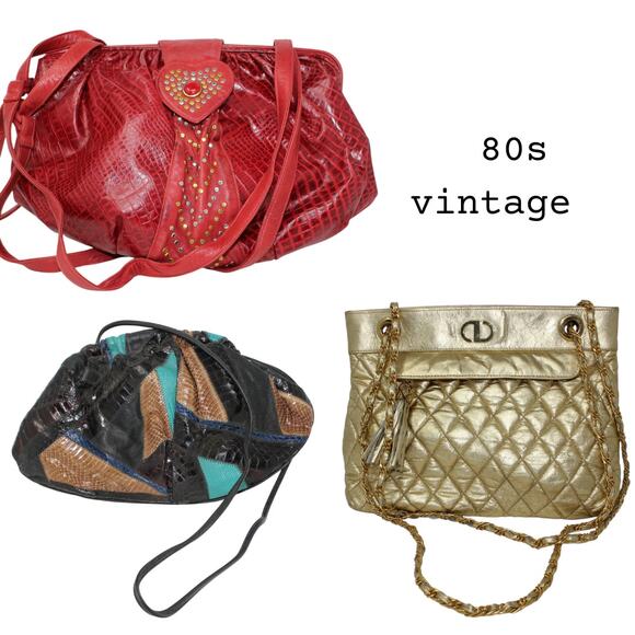 Vintage 80s Bags (3) Gold Quilted Sharif Red Patchwork Leather - Picture 1 of 16